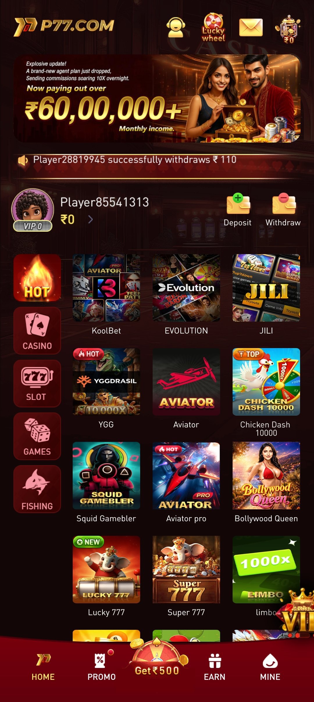 P77Play app screen showing live games, bonuses and instant withdrawals